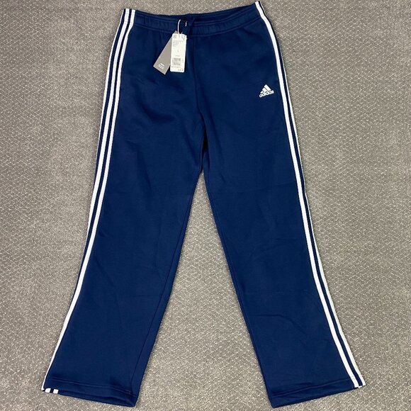 Adidas Essentials 3 Stripe Fleece Sweatpants Joggers Men's Large Navy Open Hem - Picture 1 of 16